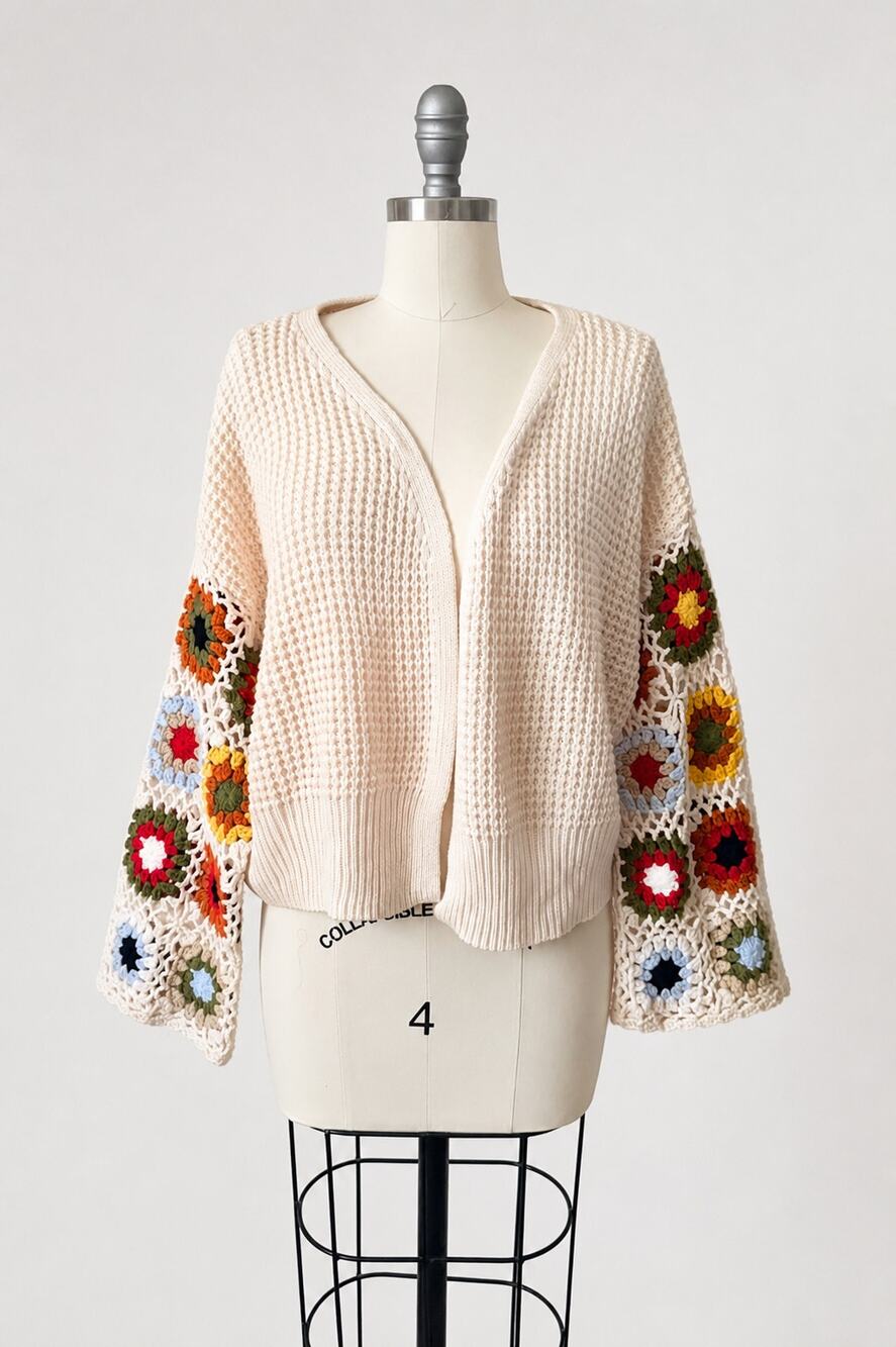Sincerely Jules Cardigan XL Cream Granny Square Crochet Sleeve Boho Open Knit